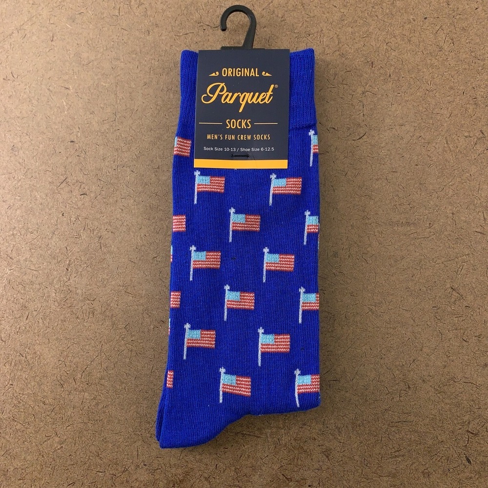 Parquet Men's Shoe Size 6-12.5 Blue American Flag Fun Crew Socks 1 Pair NWT